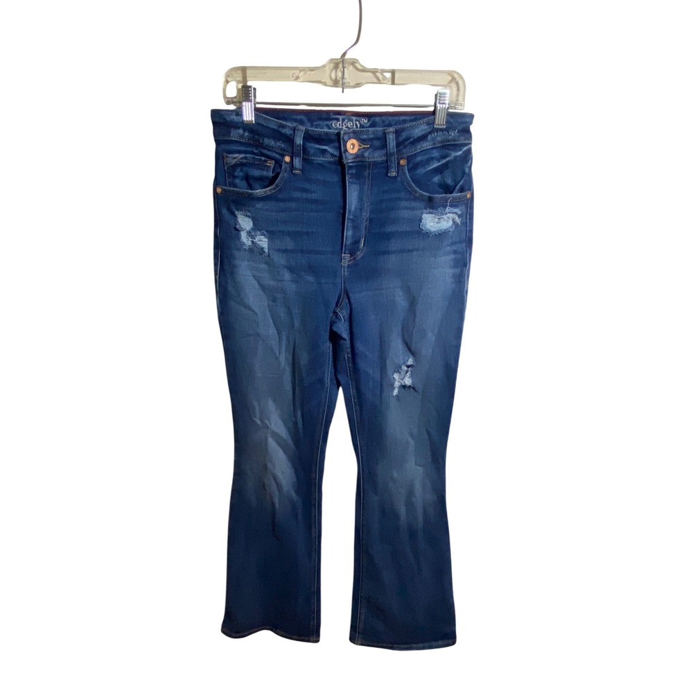 Edgely High Rise Flare Jeans Dark Wash‎ Distressed Cropped Denim Blue Size 10